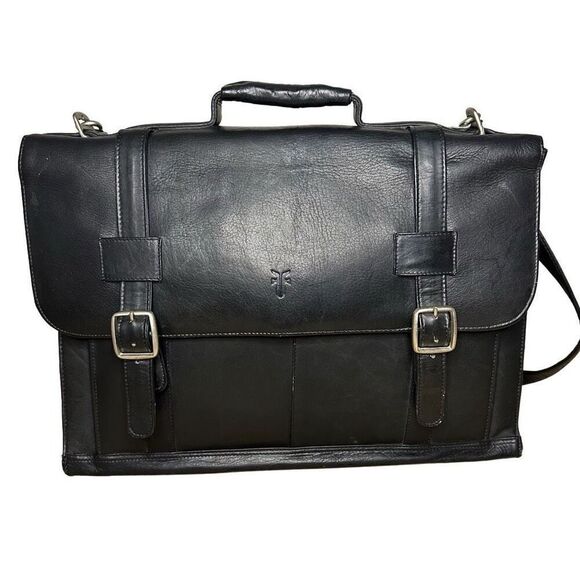 VTG Frye Briefcase Black Leather Soft Side Flap Top Buckle Strap Shoulder Bag - Picture 1 of 10